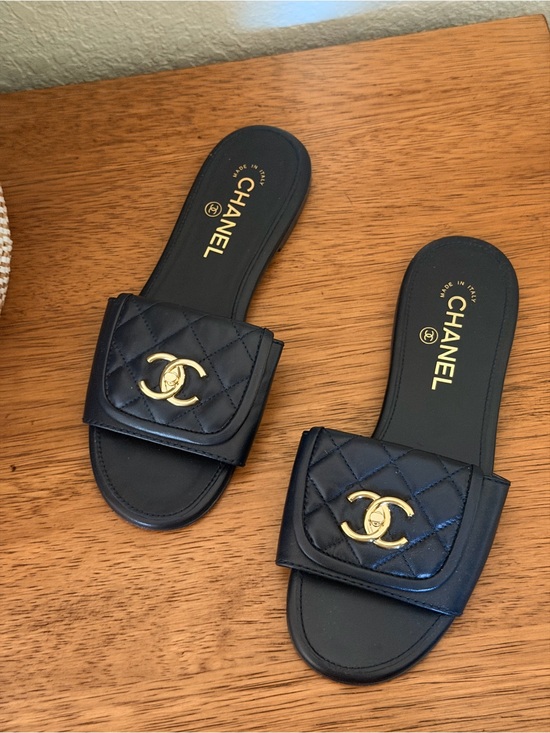 CHANEL Shoes - CHANEL dark Navy blue Quilted Leather Slide Sandals with Gold CC Emblem